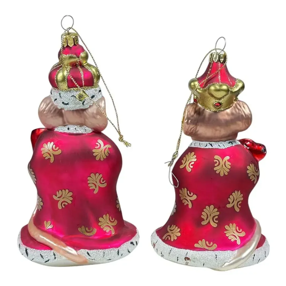 Fitz and Floyd Charming Tails King and Queen of Hearts Mouse Glass Ornaments Set
